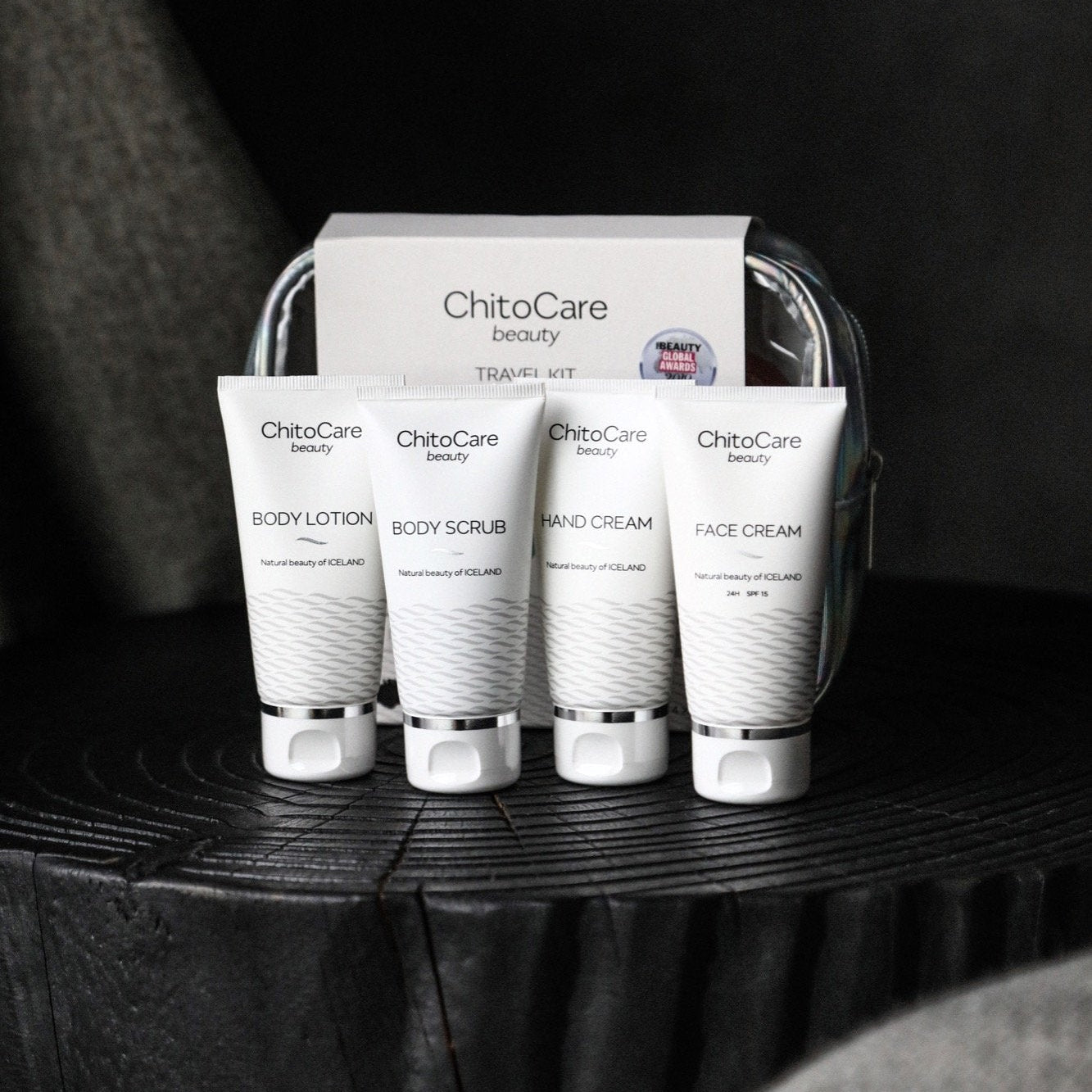 Image of ChitoCare Beauty Travel Kit, containing four 50ml tubes with body scrub, body lotion, hand cream and face cream.