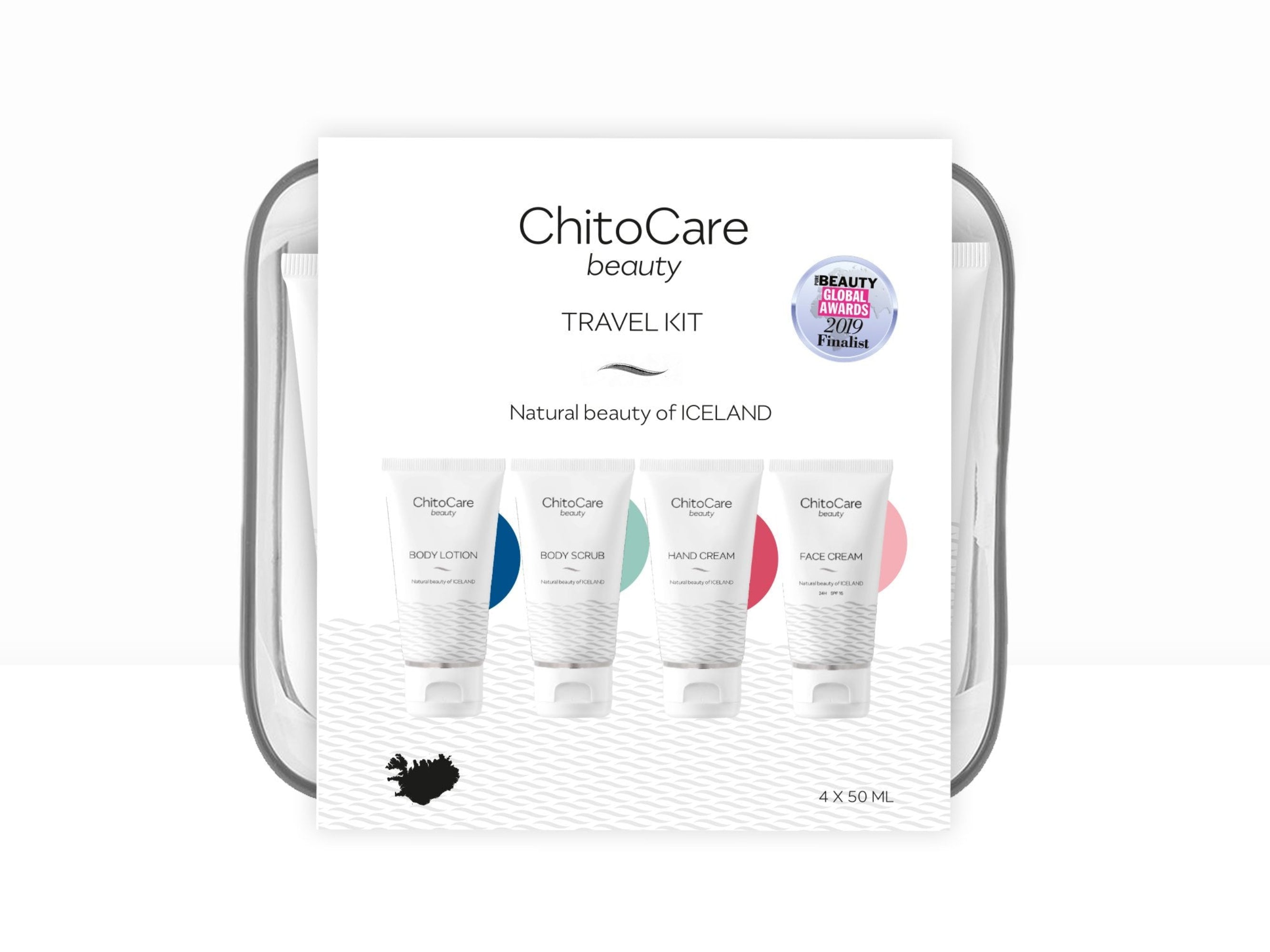 Image of ChitoCare Beauty Travel Kit, containing four 50ml tubes with body scrub, body lotion, hand cream and face cream.